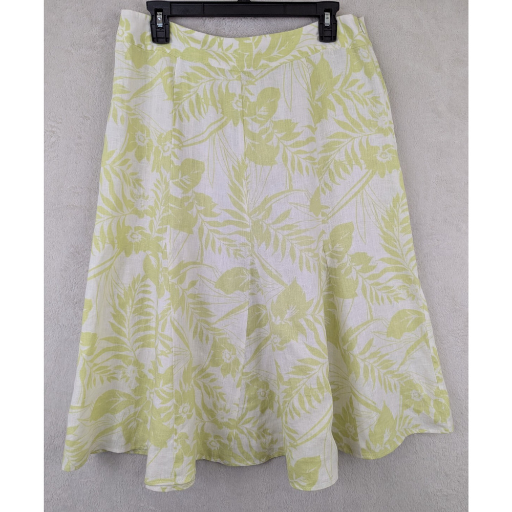 JM Collection sz 10 100% Linen Midi Skirt a-line green white leaf print 1056
